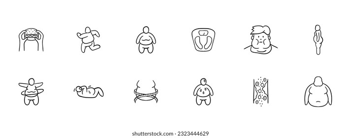 Weight Loss Journey Illustration. Weight loss and healthy lifestyle changes, including exercise, balanced nutrition, portion control, and determination. Vector black icon