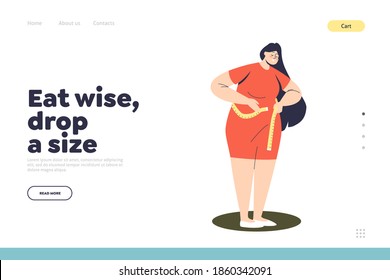 Weight loss landing page concept with plus size woman measure waist with measuring tape. Beautiful female cartoon character dropping size. Flat vector illustration