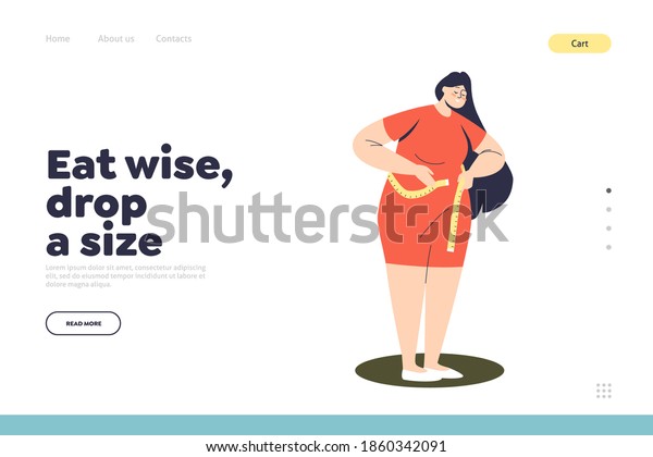 Weight loss landing page concept\
with plus size woman measure waist with measuring tape. Beautiful\
female cartoon character dropping size. Flat vector\
illustration