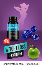 Weight loss L-Carnitine ads. Vector realistic illustration of cans with capsules with cellulose of strawberry and green apple. Vertical poster with product.