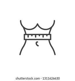 Weight loss line icon. linear style sign for mobile concept and web design. Slim woman body with measuring tape outline vector icon. Symbol, logo illustration. Pixel perfect vector graphics