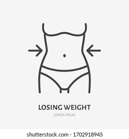 Weight loss line icon, vector pictogram of woman with slim body. Girl after diet illustration, healthy lifestyle sign for medical poster.