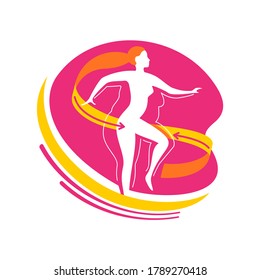 Weight loss logo concept - diet program icon - abstract woman silhouette (fat and shapely figure) with measuring tape around 