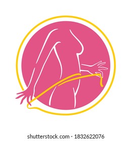 Weight loss logo - dieting program emblem (isolated icon) in form of abstract woman silhouette (fat and shapely figure) with measuring tape around 