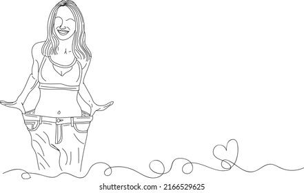 Logotipo de pérdida de peso, vector de pérdida de peso saludable, dibujo de dibujo de una joven que muestra sus pantalones sueltos para la pérdida de peso rápido, silueta de niña súper apta