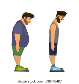 Weight loss. Man before and after diet vector illustration.