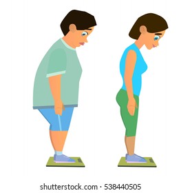 Weight loss. Man before and after diet vector illustration.