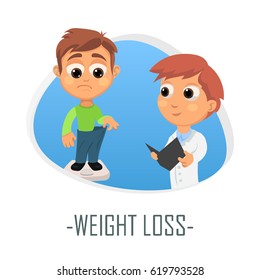Weight loss medical concept. Vector illustration. Doctor and patient are talking in the hospital. Isolated on white background.