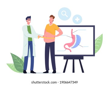 Weight Loss Medicine Concept. Surgeon Doctor Male Character Measuring Waist of Fat Man Prepare Patient for Bariatric Surgery Gastrectomy Procedure in Clinic. Cartoon People Vector Illustration