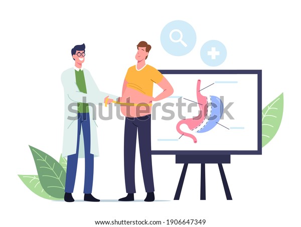 Weight Loss Medicine Concept. Surgeon Doctor\
Male Character Measuring Waist of Fat Man Prepare Patient for\
Bariatric Surgery Gastrectomy Procedure in Clinic. Cartoon People\
Vector Illustration