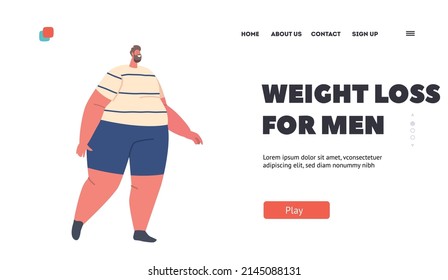 Weight Loss for Men Landing Page Template. Male Character Healthy Life. Corpulent Fat Man Wear Sports Suit Walking. Fatty Overweight Man Dieting, Transformation. Cartoon People Vector Illustration