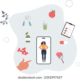 Weight loss with mobile app. diet plan with healthy food and vitamin supplements, sport workout in gym.flat vector illustration.