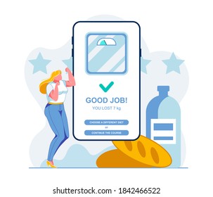 Weight Loss Mobile App Flat Vector Illustration. Overweight Woman Celebrating Lost Kilograms Cartoon Character. Healthy Nutrition Program in Smartphone Application. Trendy Slimming Marathons Idea