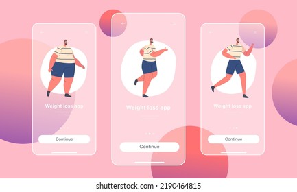 Weight Loss Mobile App Page Onboard Screen Template. Male Character Stages of Slimming, Fat Man Walk and Run, Transformation Timeline by Stages, Training Concept. Cartoon People Vector Illustration