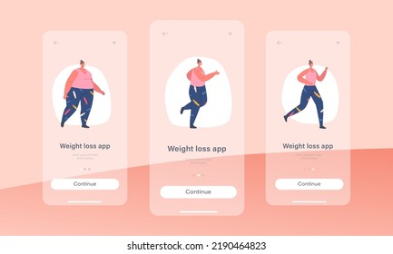 Weight Loss Mobile App Page Onboard Screen Template. Transformation Stage by Stage of Obese Woman Turning into Healthy Body, Fat Female Character Training Concept. Cartoon People Vector Illustration