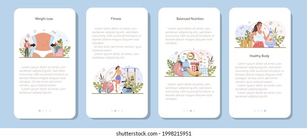 Weight loss mobile application banner set. Idea of fitness and healthy diet. Overweight person getting skinny with fitness and balanced nutrition. Slimming method. Flat vector illustration