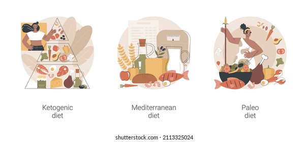 Weight loss nutrition plan abstract concept vector illustration set. Ketogenic, mediterranean and paleo diet, healthy lifestyle, organic food, fresh vegetable, low carb food abstract metaphor.