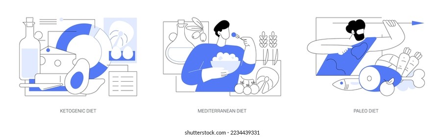 Weight loss nutrition plan abstract concept vector illustration set. Ketogenic, mediterranean and paleo diet, healthy lifestyle, organic food, fresh vegetable, low carb food abstract metaphor.