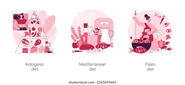 Weight loss nutrition plan abstract concept vector illustration set. Ketogenic, mediterranean and paleo diet, healthy lifestyle, organic food, fresh vegetable, low carb food abstract metaphor.