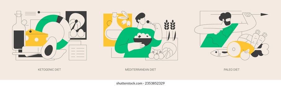 Juego de ilustraciones vectoriales abstractas del plan de nutrición por pérdida de peso. dieta ketogénica, mediterránea y paleo, estilo de vida saludable, comida orgánica, verduras frescas, metáfora abstracta de alimentos de bajo consumo de carbohidratos.