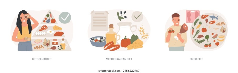 Conjunto de Ilustración vectorial de concepto aislado de Plan de nutrición de pérdida de peso. Dieta cetogénica, mediterránea y paleo, estilo de vida saludable, alimentos orgánicos, vegetales frescos, concepto de Vector de alimentos bajos en carbohidratos.