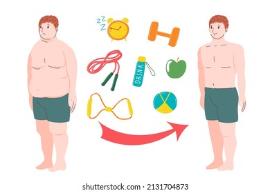 Weight loss. Obesity and fat person. Before and after man. Transformation. Overweight, sports, fitness, healthy sleep, healthy eating. Vector cartoon illustration on white background.