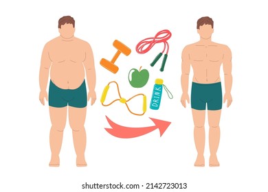 Weight loss. Obesity fat person. Before and after man. Transformation. Overweight, sports, fitness, healthy sleep, healthy eating. Vector cartoon illustration on white background.