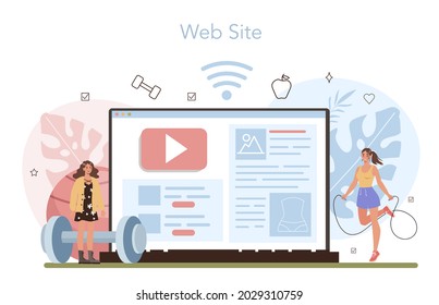 Weight loss online service or platform. Idea of fitness and healthy diet. Overweight person getting skinny. Website. Flat vector illustration