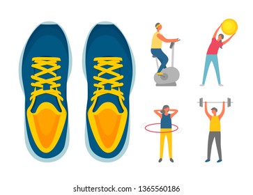 Weight loss of people isolated icons set. Sneakers and sporty man and woman, ball and dumbbell, boy on exercise bike, girl turning hoop, sport vector