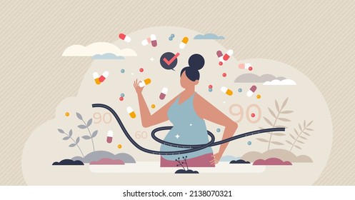 Weight loss pills and unhealthy dieting with medication tiny person concept. Dietary drug intake as waistline control therapy with pharmacy vector illustration. Obesity and obsession with fit body.