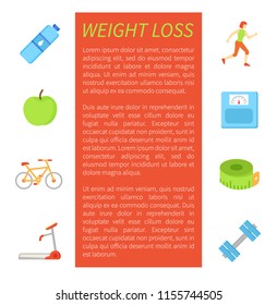 Weight loss poster and isolated icons set. Running woman, bottle of pure water, apple fruit and bicycle. Treadmill and dumbbells, meter measure vector