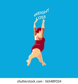 Weight loss poster. Woman Body challenge icon concept. Freehand drawn cartoon retro style. Vector fat losing female. Active lifestyle emblem. Fitness logo element. Sport training banner background