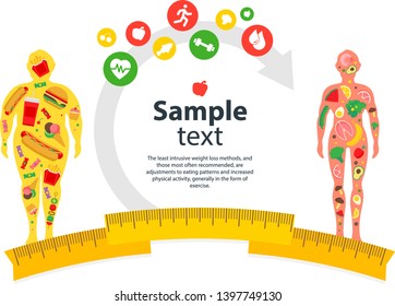 Weight loss problem. Cartoon fast food obesity for concept design. Unhealthy lifestyle. Fat and thin man. Blank space for your content, template.