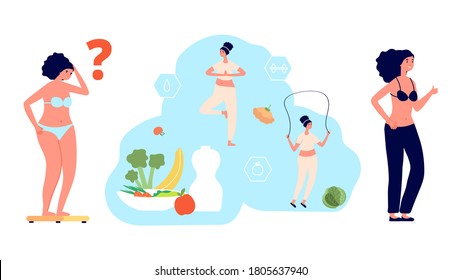 Weight loss process. Diet, plump girl weighed on scales. Fat vs slim, woman choose slimness and health. Healthy eating and sports for new look vector illustration
