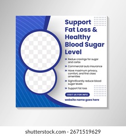 Weight Loss Program Banner For Health And Fitness Campaigns. Support fat loss and healthy blood sugar social media cover in square lyaout. blue and white background with photo space and line pattern - Powered by Shutterstock - Get 15% off with code: PIKWIZARD15