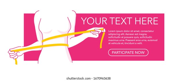 Weight loss program banner template - slim woman shape with measuring tape around in drawn sketch thin line decoration - place for text and web button - isolated vector poster