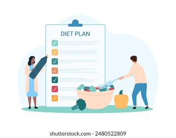 Weight loss program, diet planning with help of nutritionist. Tiny people holding fork to eat healthy food and marker to highlight item and control diet list on clipboard cartoon vector illustration