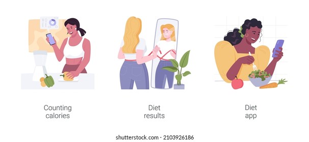 Weight loss program isolated cartoon vector illustration set. Girl counting calories with smartphone app, meal plan, women measure waist, looking at mirror, happy with diet result vector cartoon.