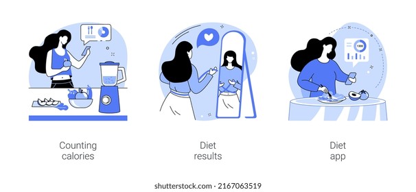 Weight loss program isolated cartoon vector illustrations set. Girl counting calories with smartphone app, meal plan, women measure waist, looking at mirror, happy with diet result vector cartoon.