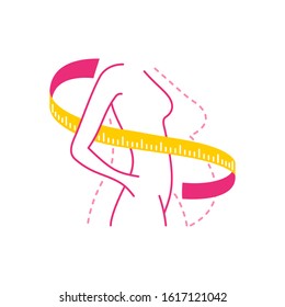 Weight loss program logo (isolated icon) - female silhouette (fat and slim figure) with measuring tape around