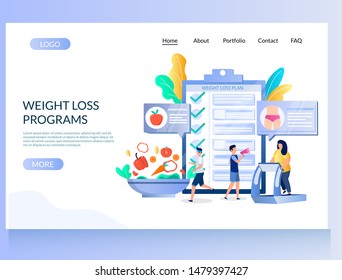 Weight loss programs vector website template, web page and landing page design for website and mobile site development. Huge clipboard with plan to lose weight, tiny people. Sports and healthy diet.