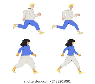 Weight loss running woman and man sequence set. Before and after diet and sport exercises. Female and male characters with different body mass walking on white background. Vector flat illustration.