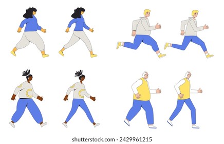 Weight loss running women and men sequence set. Before and after diet and sport exercises. Young and elderly characters with different body mass walking on white background. Vector flat illustration.