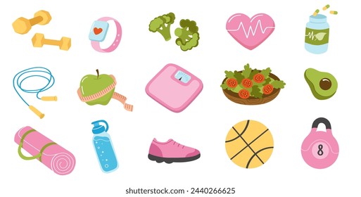 Weight loss set of cute elements. Fitness and healthy lifestyle. 