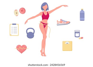 weight loss set . female beautiful figure with ruler, healthy lifestyle. 