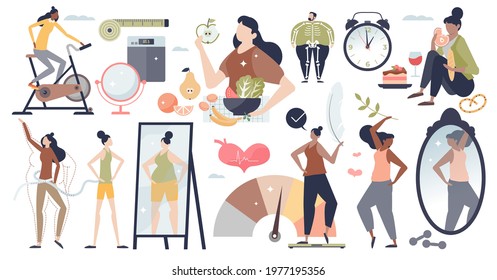 Weight loss set with fit body and shape control items collection tiny person concept. Diet plan for slim belly size and healthy BMI vector illustration. Female obesity and overweight problem theme.