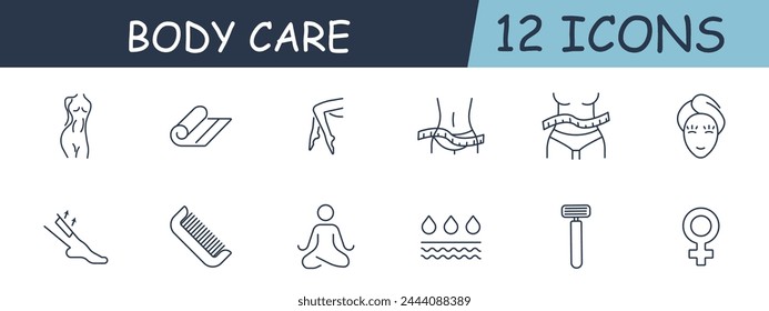 Weight loss set line icon. Exercise, health, skin care. shower, comb, razor, water. 12 line icon. Vector line icon for business and advertising