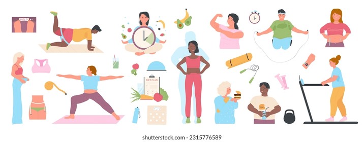 Gewichtungsverlust, Vektorgrafik. Cartoon isolierte Mädchen messen Körper mit Band und Masse auf Skalen, kontrollieren Ernährung mit Ernährungsplan, Transformation der Frau vor und nach Sporttrainings