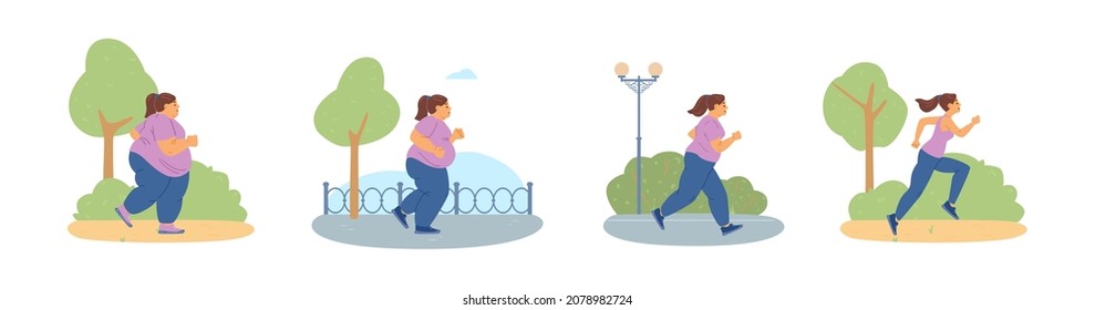 Weight loss and slimming progress scale infographic with women of various obesity stages and body condition, flat vector illustration isolated on white background.