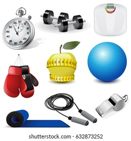 Weight loss sport set. Icons for athleticism. Healthy lifestyle. Dumbbells, ball, stopwatch, jump rope, whistle, libra, boxing gloves.